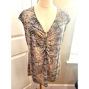 Calvin Klein Animal Snake Print V-Neck Sleeveless Top Gold Zipper Sz Large
